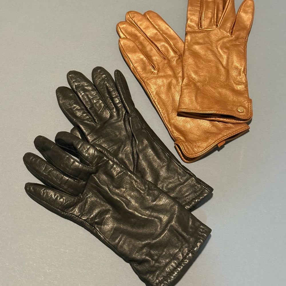 2 pairs of female Black and Brown Leather Gloves, fits small and extra small
